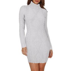 Women's Frilled Turtle Neck Mixed Knit Bodycon Sweater Dress