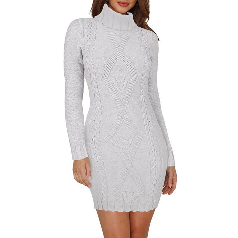 Women's Frilled Turtle Neck Mixed Knit Bodycon Sweater Dress