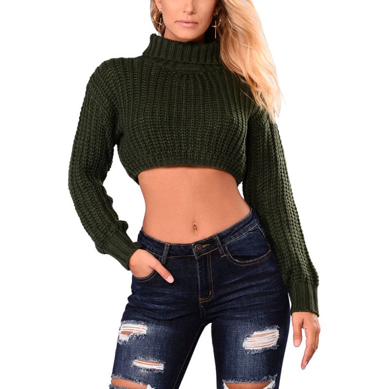 Women's Turtleneck Long Sleeve Knit Pullover Crop Sweater