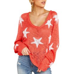 Crew Neck Sweater Star Print Coral