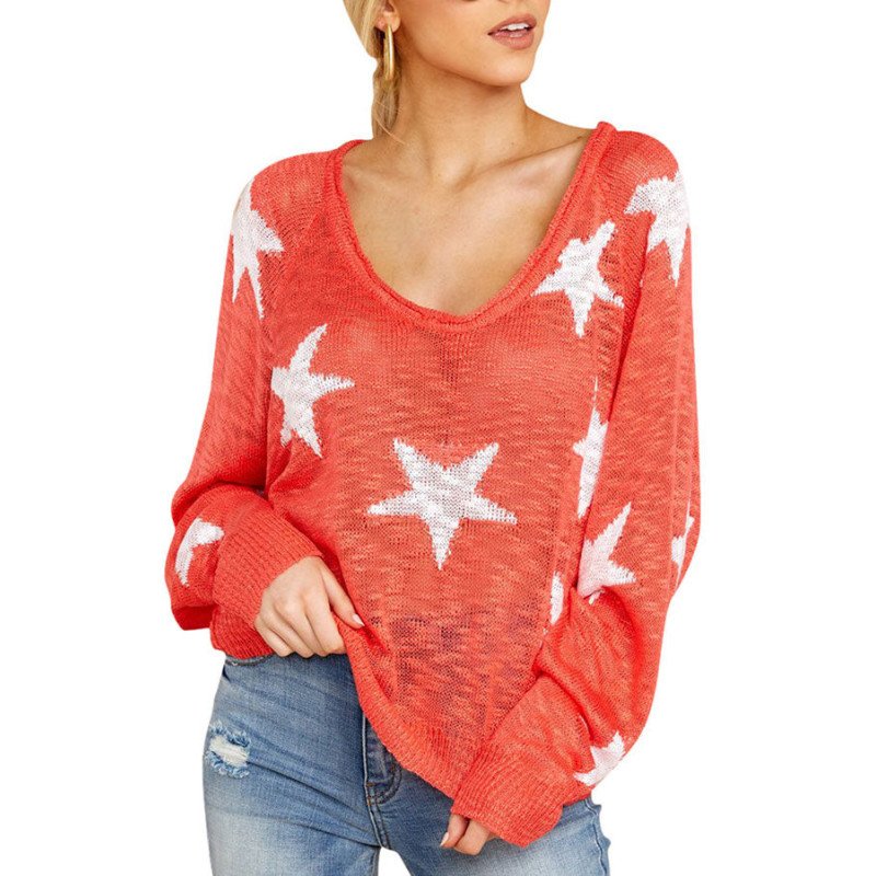 Crew Neck Sweater Star Print Coral