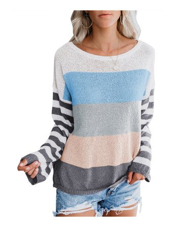 Women's Striped Colorblock Drop Shoulder Light Weight Sweater