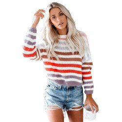 Women's Multi-color Stripes Ribbed Pullover Sweater