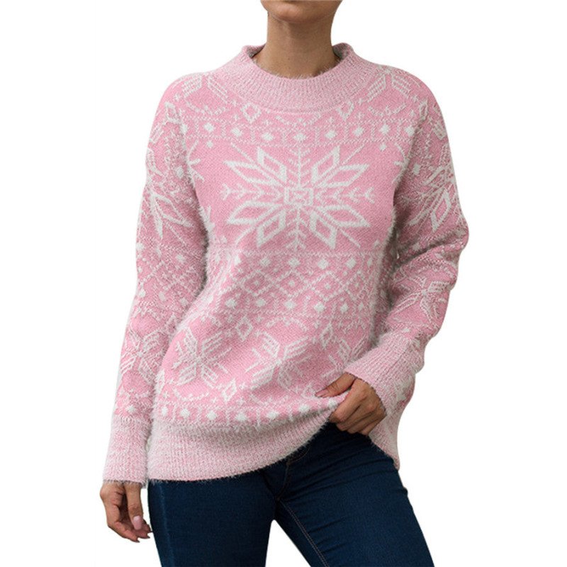 Snowflake Christmas Pullover Sweater Pink