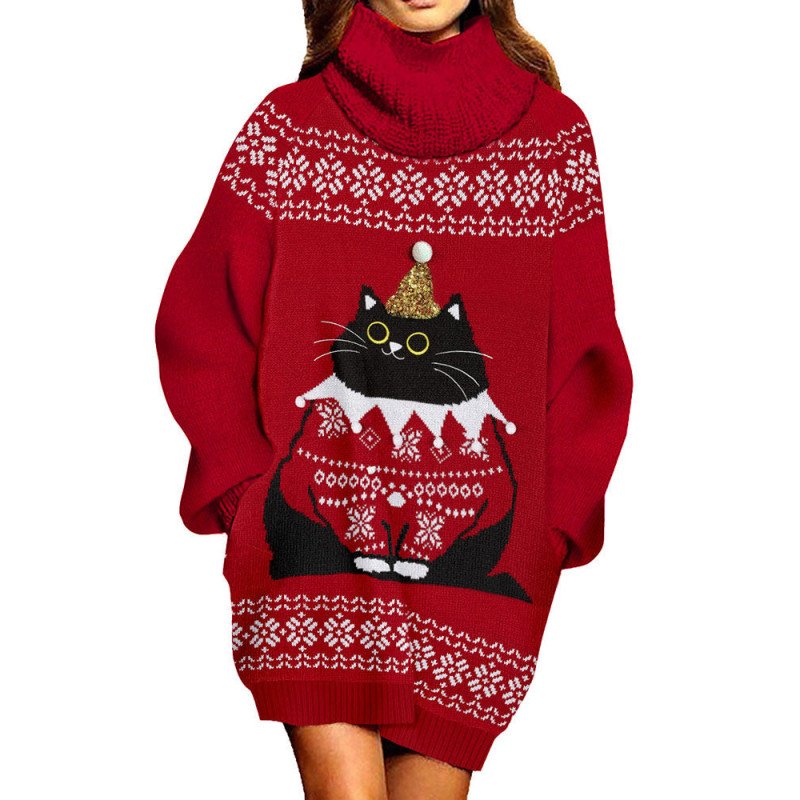 Women Baggy Christmas Print Oversized Pullover Sweater with Pockets