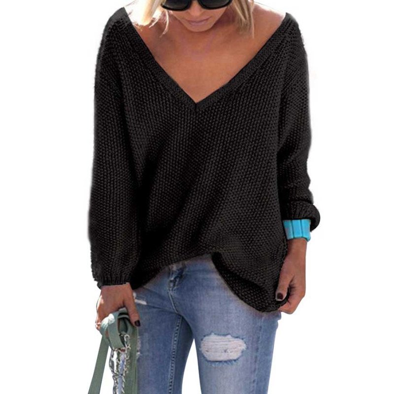 Plus Size V Neck Drop Shoulder Oversized Sweater Black