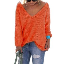 Plus Size V Neck Drop Shoulder Oversized Sweater Tangerine