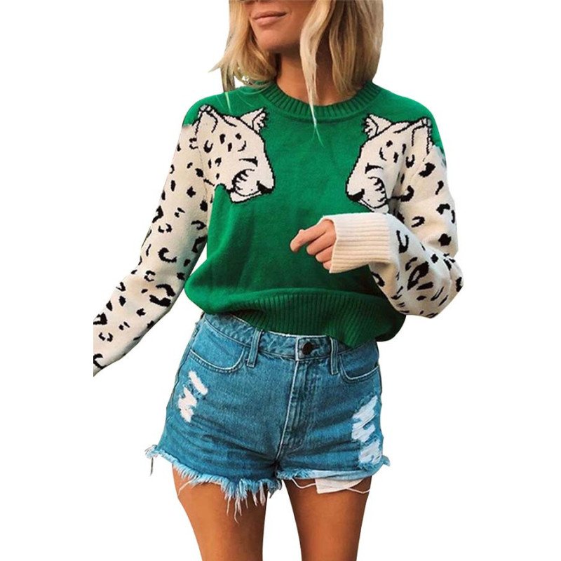 Casual Crew Neck Leopard Print Pullover Sweater Green