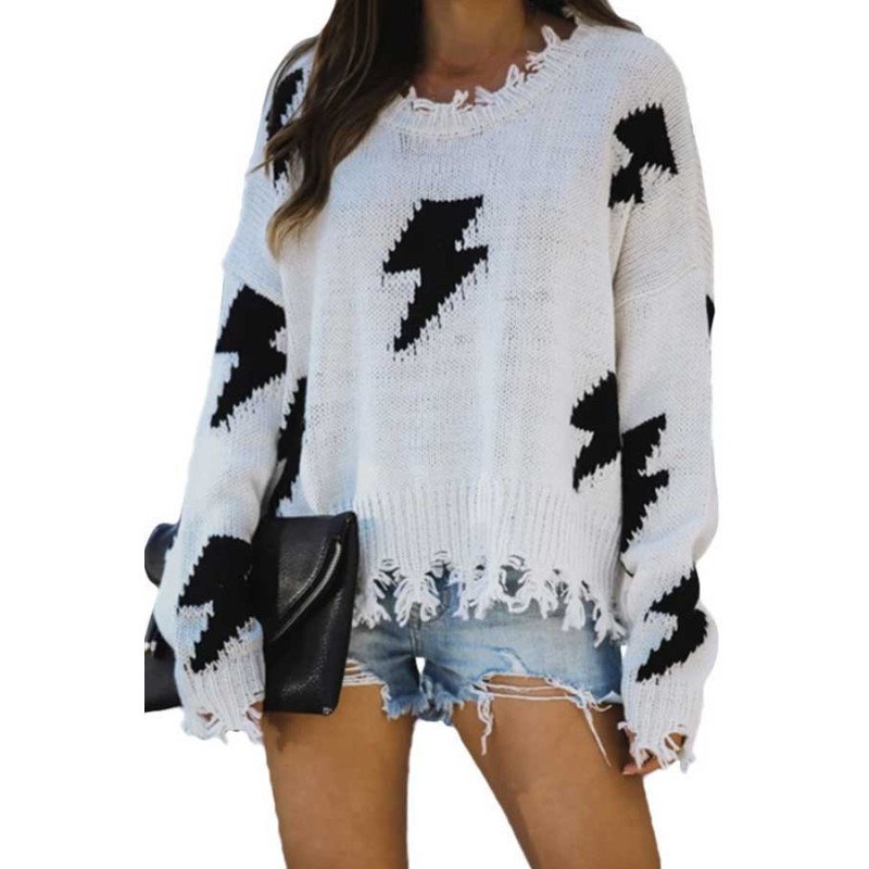 Knit Lightning Print Fringe Pullover Sweater White