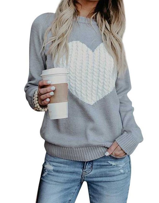 Knit Heart Print Pullover Jumper Gray