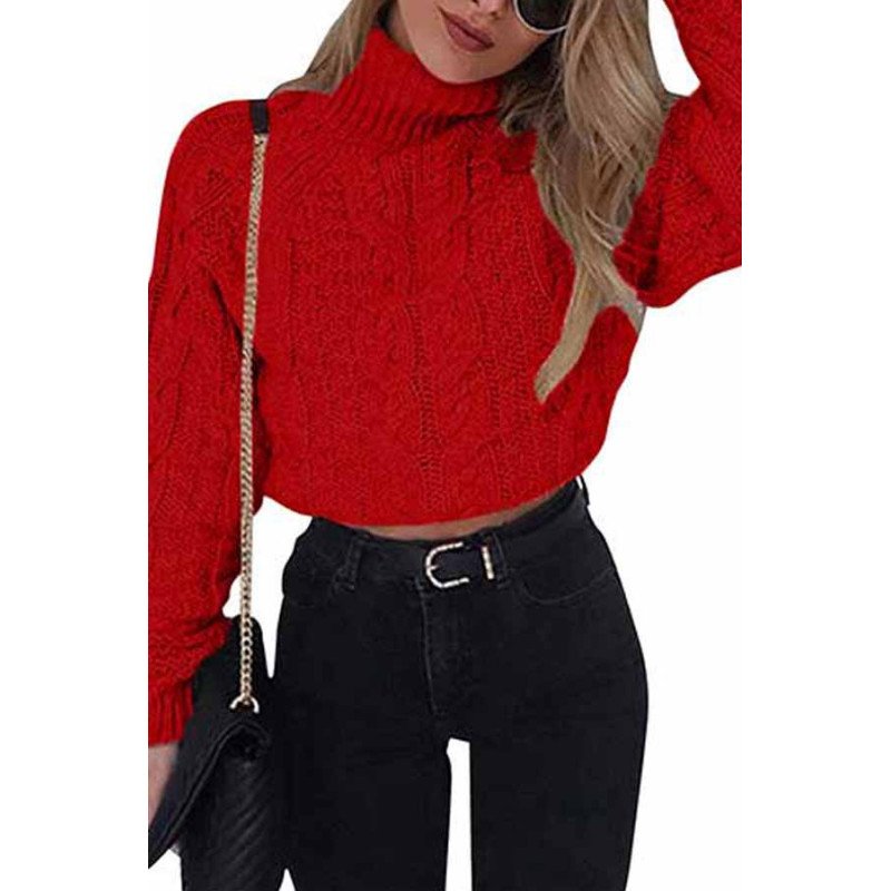 Long Sleeve High Neck Cable Knit Crop Sweater Red