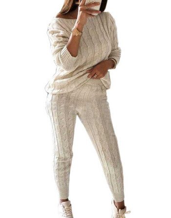 Cable Knit Long Sleeve Pants Plus Size Sweater Suit Beige White