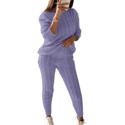 Plus Size Casual Cable Knit Two Piece Sweater Suit Light Pink