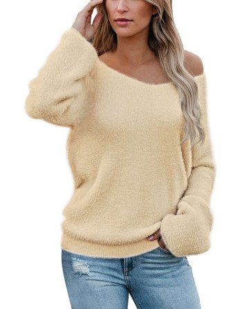 Women's Sexy V Neck Drop Shoulder Faux Fur Sweater