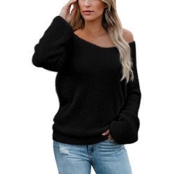 Women's Sexy V Neck Drop Shoulder Faux Fur Sweater