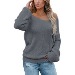 Women's Sexy V Neck Drop Shoulder Faux Fur Sweater