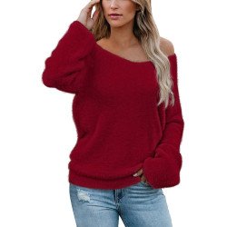 Women's Sexy V Neck Drop Shoulder Faux Fur Sweater