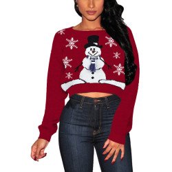 Women Christmas Snowman Print Casual Crew Neck Long Sleeve Crop Sweater