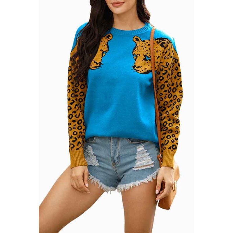 Drop Shoulder Leopard Print Sleeve Sweater Blue
