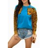 Drop Shoulder Leopard Print Sleeve Sweater Blue