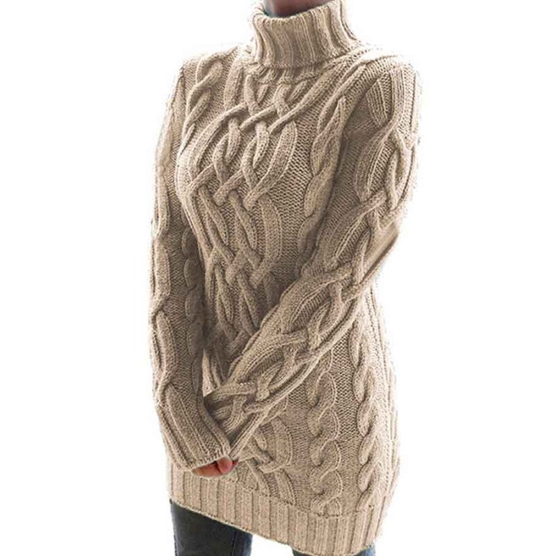 Cable Knit Long Sleeve High Neck Sweater Dress Khaki