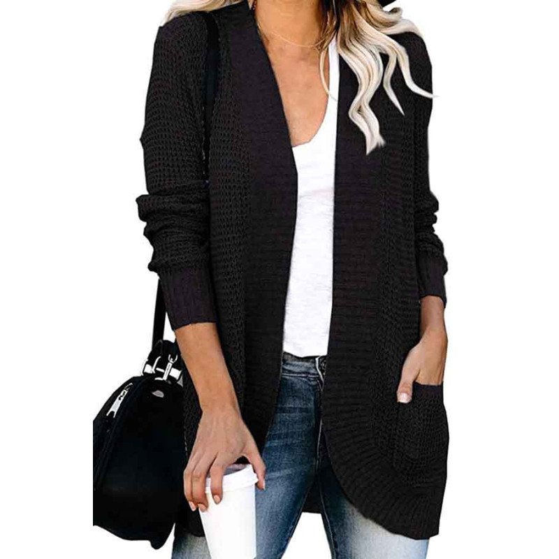 Waffle Knit Dual Pocket Open Front Cardigan Black