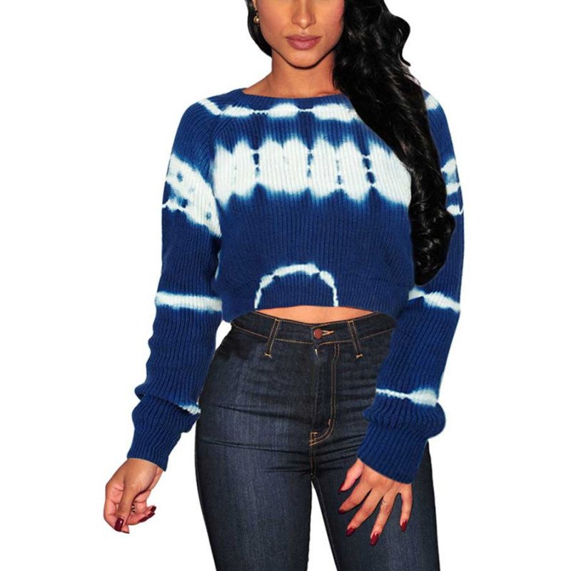 Women  Casual Tie Dye Print Long Sleeve Knitted Crop Sweater