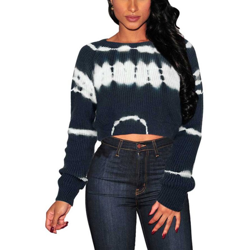 Women  Casual Tie Dye Print Long Sleeve Knitted Crop Sweater