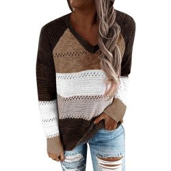 V Neck Long Sleeve Color Block Womens Sweater Coffee