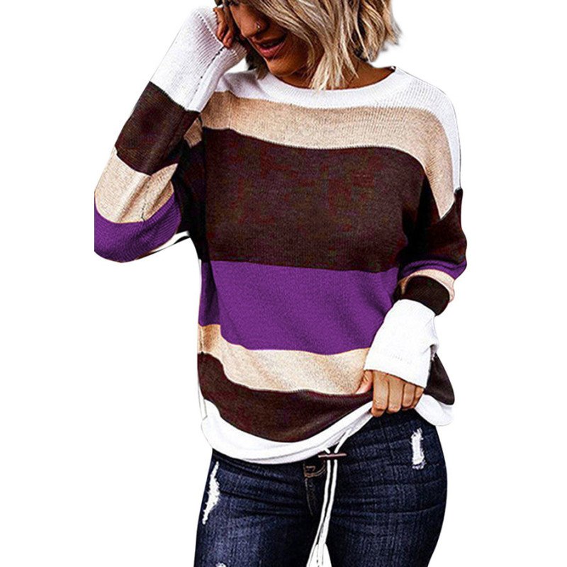 Plus Size Long Sleeve Color Block Pullover Sweater Dark Purple