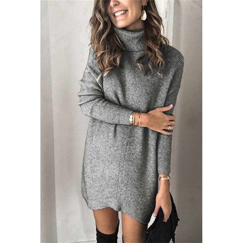 Solid Rib-Knit Turtleneck Sweater Dress Gray