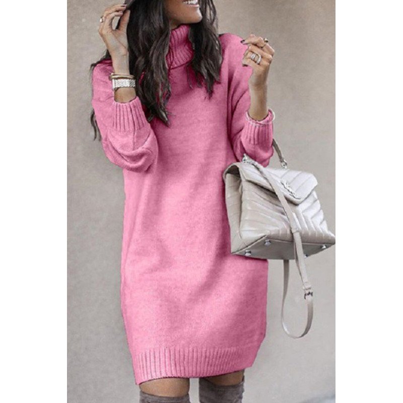 Ribbed Hem Warm Turtleneck Sweater Dresses