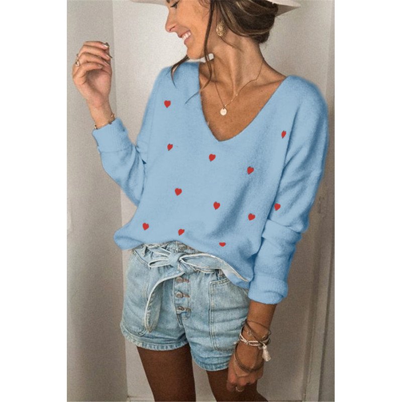 Long Sleeve Heart Print Cute V Neck Sweater