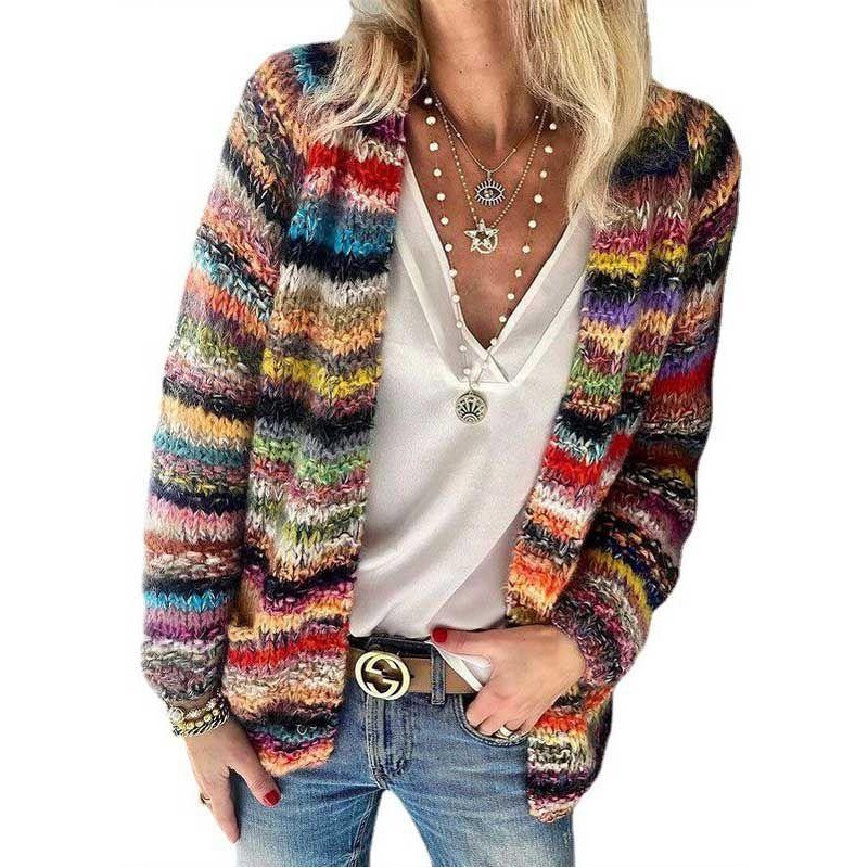 Womens Open Front Striped Cardigan Sweater