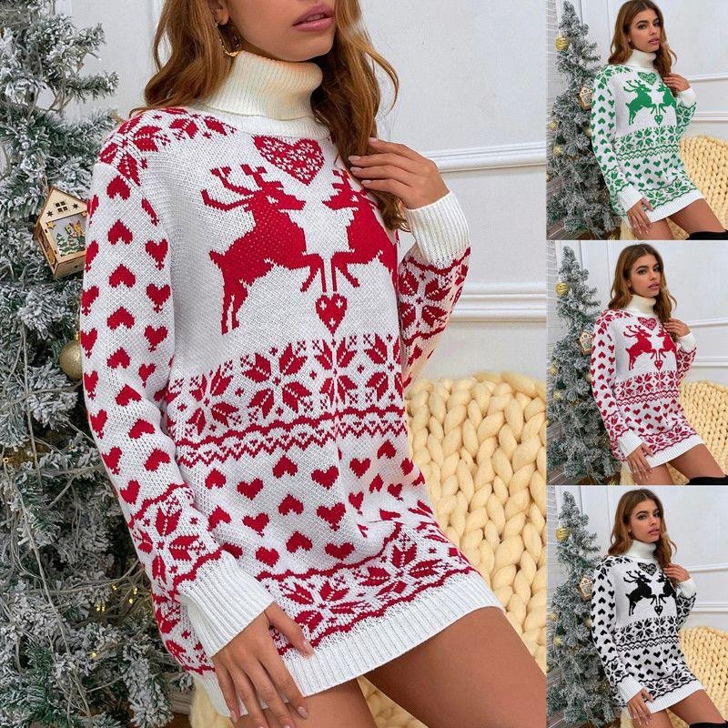 Women Turtleneck Reindeer Christmas Jumper Dress