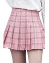 Women's Pleated Plaid High Waisted Mini Skirt Pink