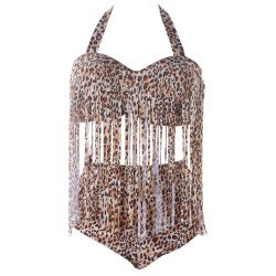 Womens Plus Size Fringe Printed Bikini Top&Sexy Swimwear Bottom Brown