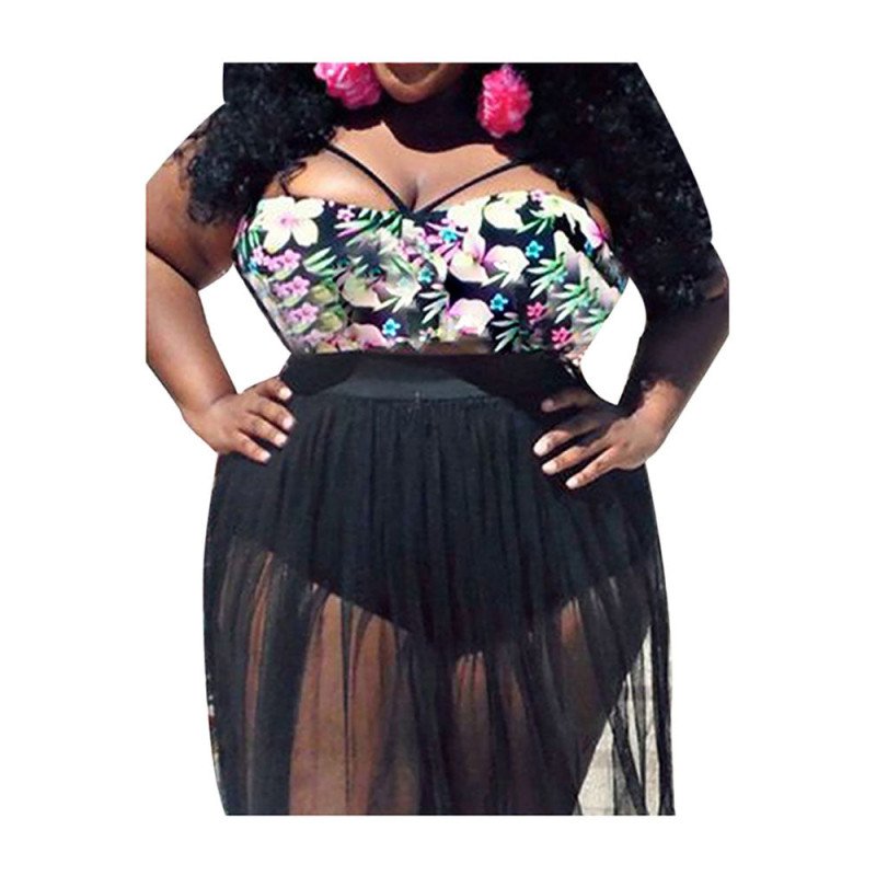 Women's Plus Size Floral Push Up Padded Skirt Bottom Swimsuit