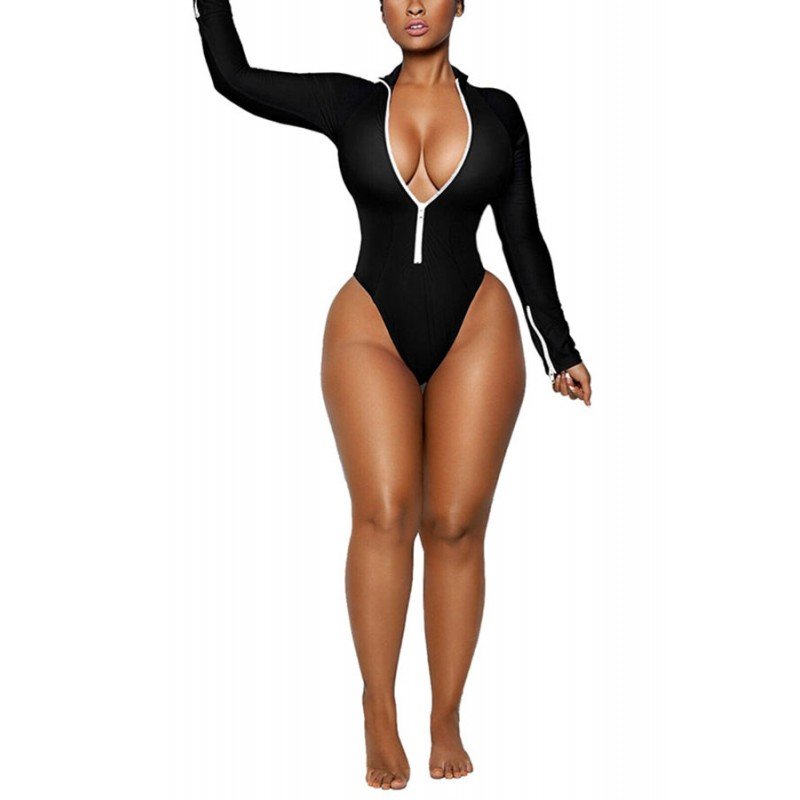 Long Sleeve Zipper Front High Cut One Piece Swimsuit Black