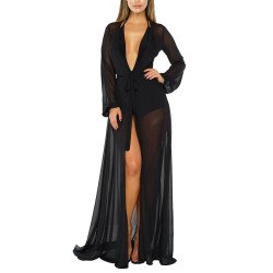 Long Sleeve Sheer Mesh Maxi Beach Cover Up For Women