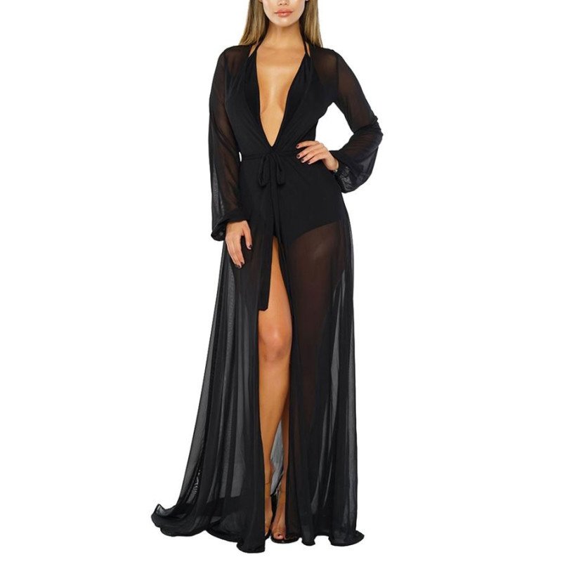 Long Sleeve Sheer Mesh Maxi Beach Cover Up For Women