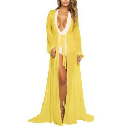 Long Sleeve Sheer Mesh Maxi Beach Cover Up For Women