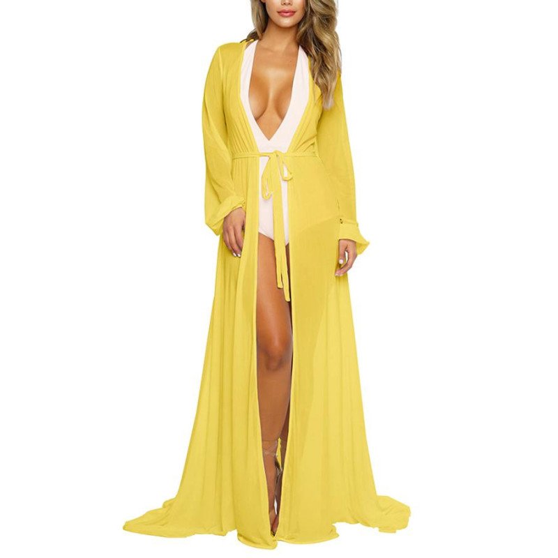 Long Sleeve Sheer Mesh Maxi Beach Cover Up For Women