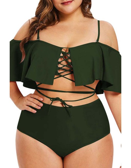 Women Two Piece High Waisted Bikini Set Lace Up Ruffle Two Piece Bathing Suit
