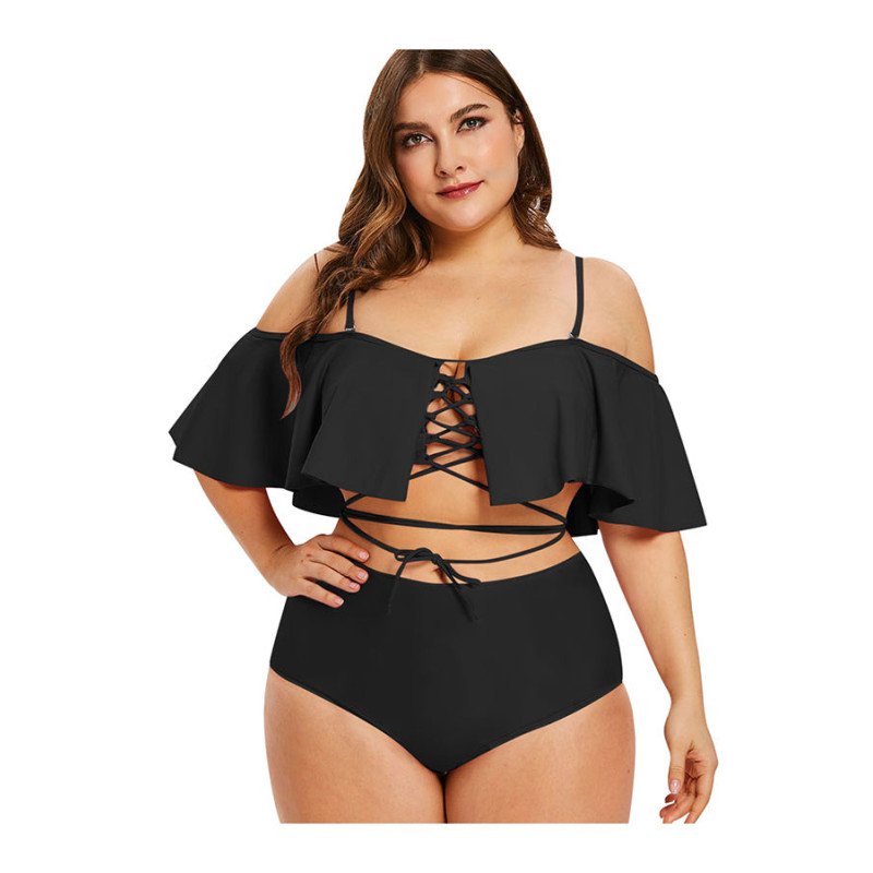 Women Two Piece High Waisted Bikini Set Lace Up Ruffle Two Piece Bathing Suit