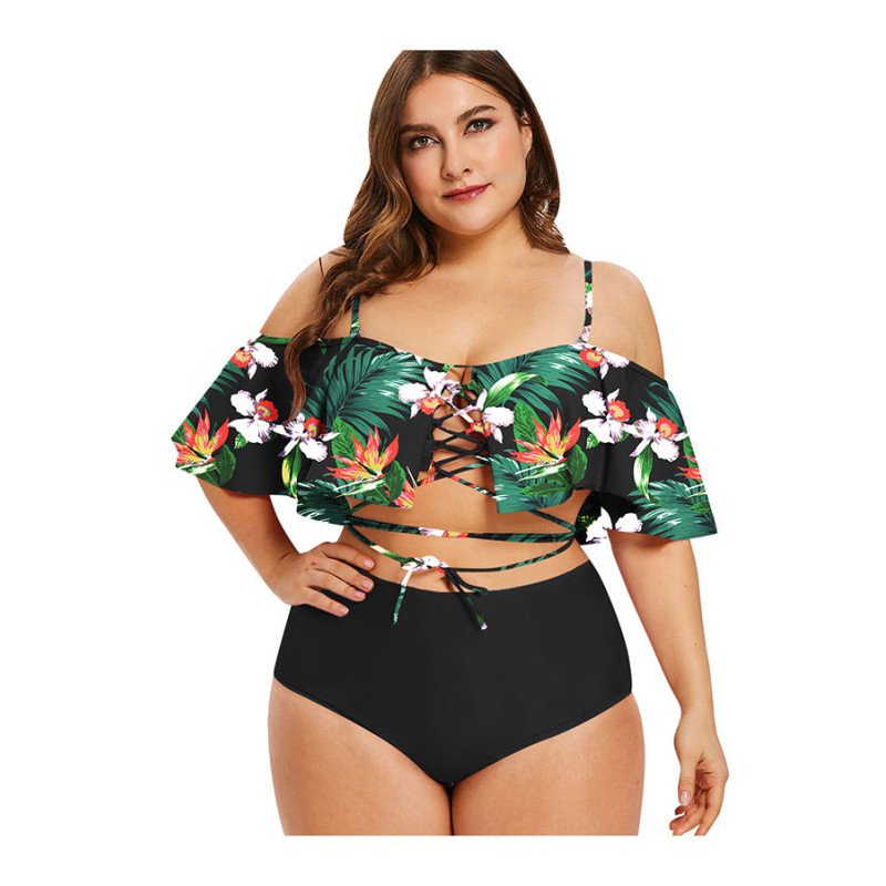 Women Two Piece High Waisted Bikini Set Lace Up Ruffle Two Piece Bathing Suit