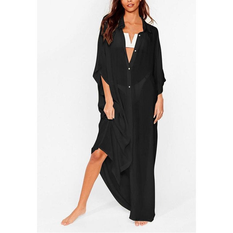 Summer Sheer Maxi Shirt Dress Beach Cover Up