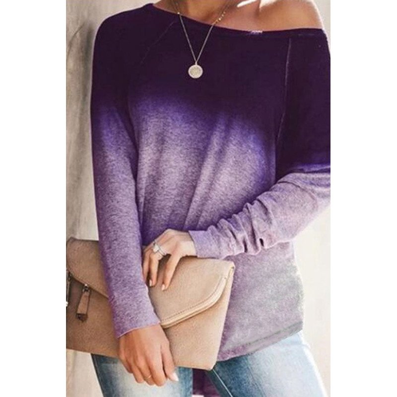 Ombre Boat Neck Long Sleeve T-Shirt Purple