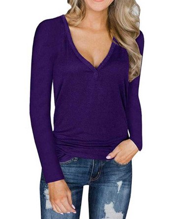 Women's Long Sleeve Button Front V Neck Casual T-Shirt Purple