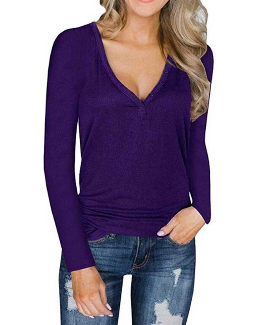 Women's Long Sleeve Button Front V Neck Casual T-Shirt Purple